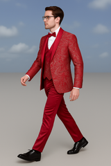 Men’s Red Paisley Brocade Prom Tuxedo with Vested Double Breasted Suit – Wedding Ready