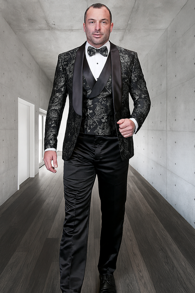 Men's black paisley lace print vested tuxedo for prom & wedding with satin lapel and bowtie 3   - from alligatorwarehouse.com
