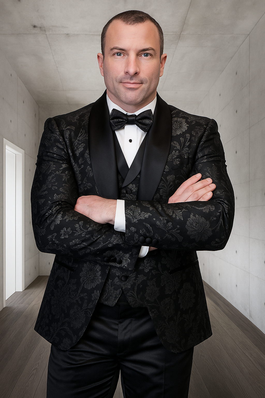 Men's black paisley lace print vested tuxedo for prom & wedding with satin lapel and bowtie Men's black paisley lace print vested tuxedo for prom & wedding with satin lapel and bowtie