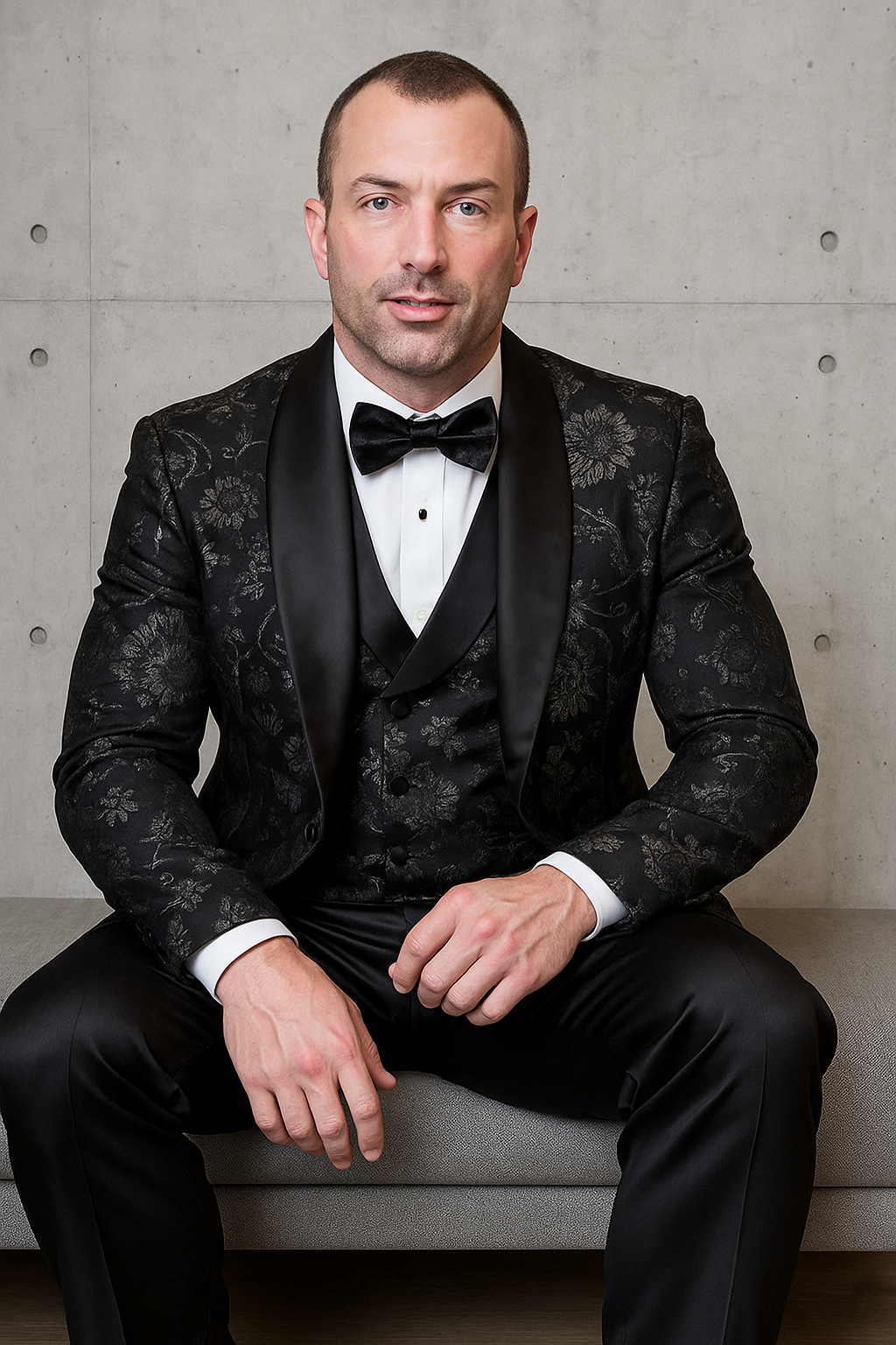 Men's black paisley lace print vested tuxedo for prom & wedding with satin lapel and bowtie Men's black paisley lace print vested tuxedo for prom & wedding with satin lapel and bowtie