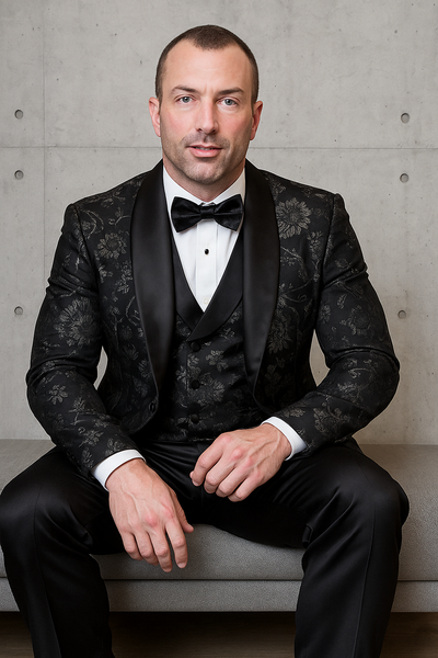 Men's black paisley lace print vested tuxedo for prom & wedding with satin lapel and bowtie 5   - from alligatorwarehouse.com