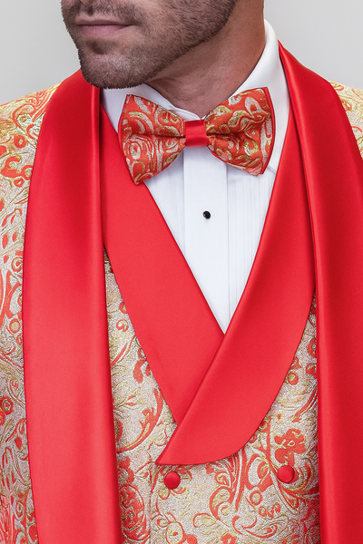 Coral Orange Men's Shiny Paisley Wedding Tuxedo with Double Breasted Vest & Satin Pants 2   - from alligatorwarehouse.com
