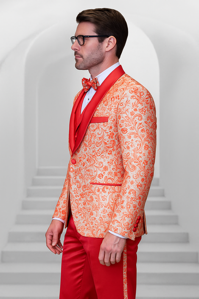 Coral Orange Men's Shiny Paisley Wedding Tuxedo with Double Breasted Vest & Satin Pants 3   - from alligatorwarehouse.com
