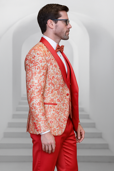 Coral Orange Men's Shiny Paisley Wedding Tuxedo with Double Breasted Vest & Satin Pants 5   - from alligatorwarehouse.com