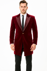 Men’s Burgundy Tuxedo in Velvet Long Blazer – Victorian Cutaway Tuxed Suit 1920s Gangster Style Long Jacket with Black Pants