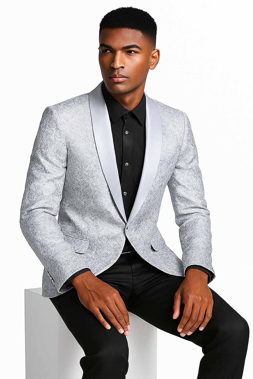 Men’s Silver Grey Tonal Paisley Tuxedo Jacket – Slim Fit Wedding & Prom Blazer