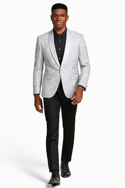 Men’s Silver Grey Tonal Paisley Tuxedo Jacket – Slim Fit Wedding & Prom Blazer