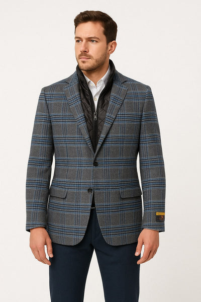 Men’s Blue & Grey Checkered Wool Blazer with Quilted Inner Layer – Alberto Nardoni Collection