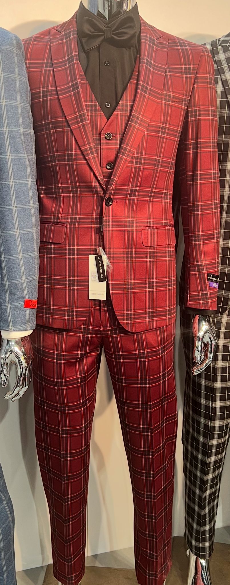 Mens Burgundy Plaid Three-Piece Suit – Ultra Slim Fit Checkered Windowpane Redish 544-10 3   - from alligatorwarehouse.com
