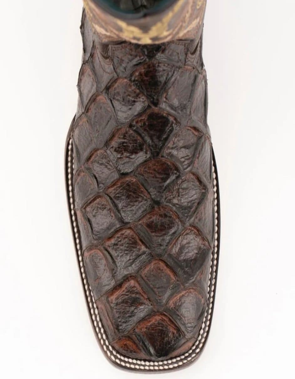 Ferrini Bronco Men's Print Pirarucu Fish Boots Handcrafted Chocolate 3 93393-09-080-B  - from alligatorwarehouse.com