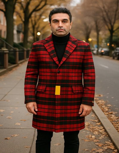 Mens Red and Black Plaid Wool Overcoat – Three Quarter Carcoat - Christmas Coat - Red Peacoat
