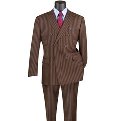 Mens Brown Pinstripe Double-Breasted Suit – Classic 6-Button Business and Vintage Style