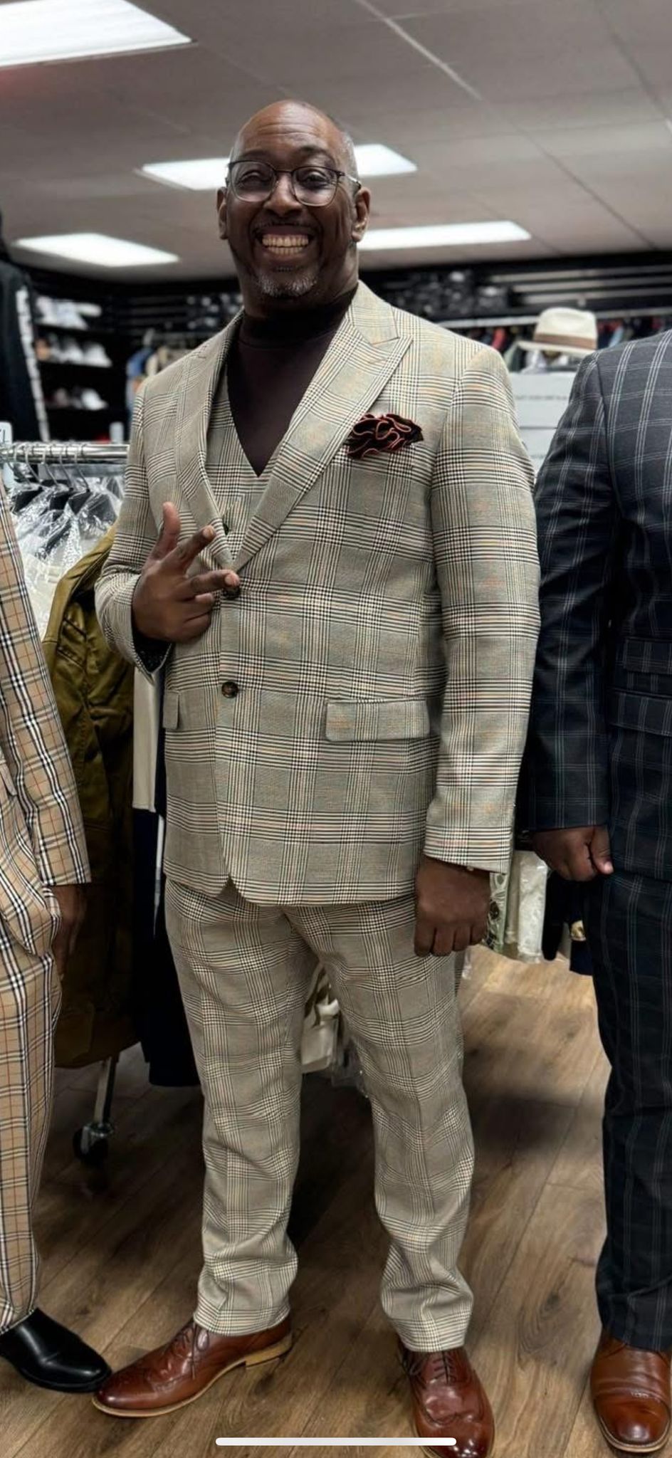 Mens Beige Plaid 3-Piece Suit – Classic Checkered Suit for Weddings, Church Vested Checkered Pattern 5   - from alligatorwarehouse.com