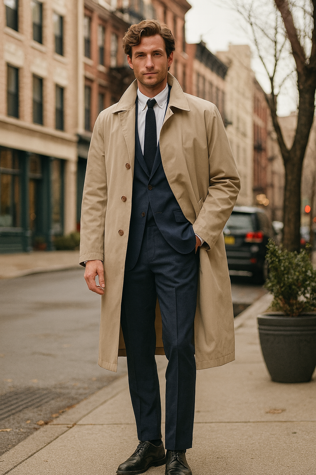 Mens Beige Trench Coat – Classic Long Overcoat with Button Front - Raincoat in Khaki Color