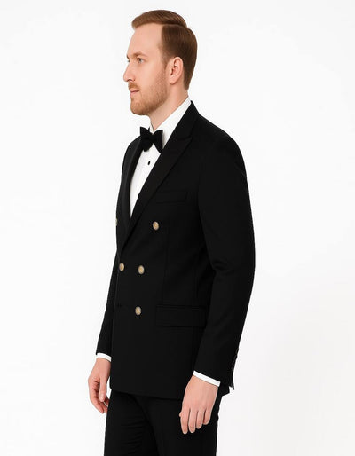 Menƒ??s Black Double-Breasted Tuxedo ƒ?? Classic Shawl Lapel Suit with Gold Buttons for Weddings, Galas, and Black Tie Events