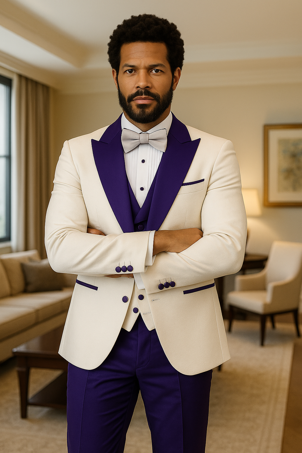 Hilton White and Purple Paisley Peak Lapel Tuxedo Jacket with Matching Shawl Vest and Wool Pants – Includes Bow Tie 3   - from alligatorwarehouse.com