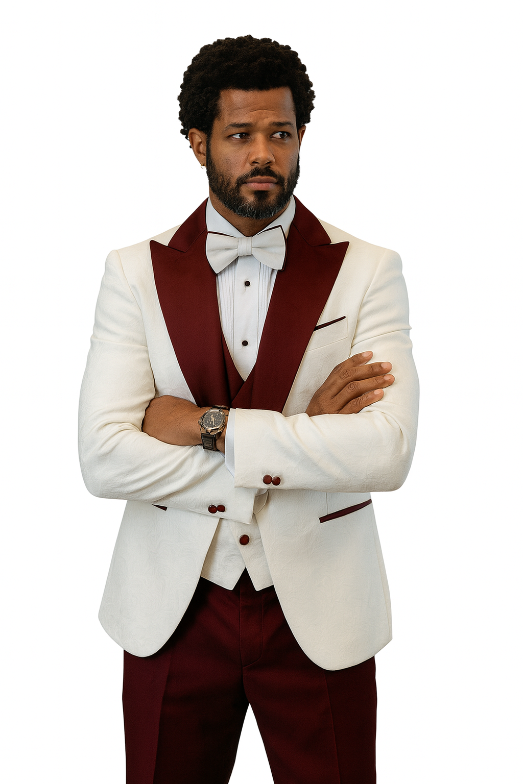Hilton White and Burgundy Paisley Peak Lapel Tuxedo Jacket with Matching Shawl Vest and Wool Pants – Includes Bow Tie 3   - from alligatorwarehouse.com