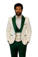 Hilton White and Hunter Green Paisley Peak Lapel Tuxedo Jacket with Matching Shawl Vest and Wool Pants – Includes Bow Tie