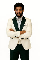 Hilton White and Black Paisley Peak Lapel Tuxedo Jacket with Matching Shawl Vest and Wool Pants – Includes Bow Tie