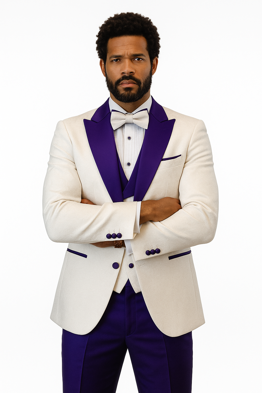 Hilton White and Purple Paisley Peak Lapel Tuxedo Jacket with Matching Shawl Vest and Wool Pants – Includes Bow Tie 4   - from alligatorwarehouse.com