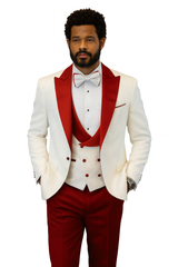 Hilton White and Red Paisley Peak Lapel Tuxedo Jacket with Matching Shawl Vest and Wool Pants – Includes Bow Tie