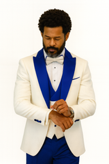 Hilton White and Royal Blue Paisley Peak Lapel Tuxedo Jacket with Matching Shawl Vest and Wool Pants – Includes Bow Tie