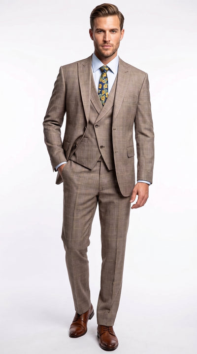 Men’s Tan Plaid 3 Piece Suit, 2 Button Vested Peak Lapel Formal Wedding Business Suit