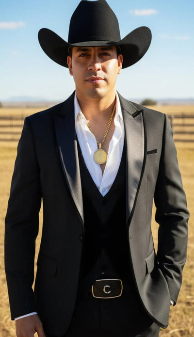 Mens Black Western Suit Blazer with Satin Lapel – Modern Cowboy Formal Jacket