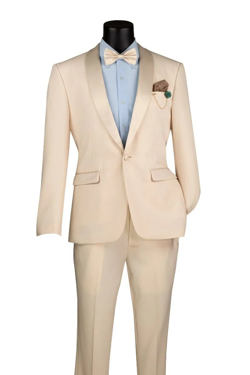 Cream Tuxedo Suit for Men – One Button Satin Lapel Formal Suit - Champagne Color Light Tan Tuxedo 1   - from alligatorwarehouse.com
