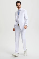Men's Two Button Vested Stacy Adams Basic Designer Suit in White