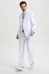 White Wedding Suit For Men - Perfect For Groom - Men's Two Button Vested Stacy Adams Basic Designer Suit In White