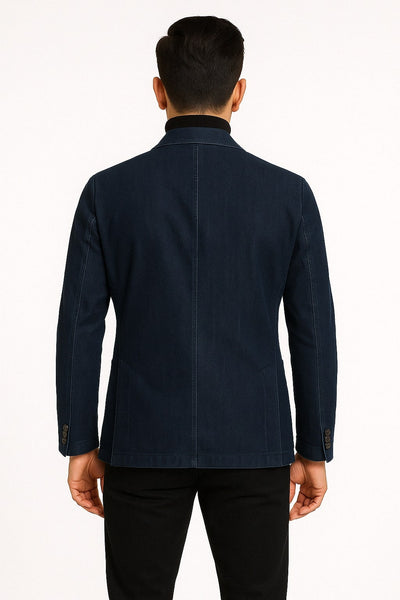 Mens Dark Blue Denim Casual Blazer with Notch Lapel and Single Button Closure