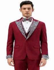 Dark Red - Maroon Wine Prom Tuxedo - Perfect Wedding Suit Vested rhinestone Lapelled