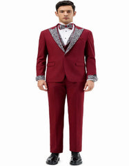 Dark Red - Maroon Wine Prom Tuxedo - Perfect Wedding Suit Vested rhinestone Lapelled