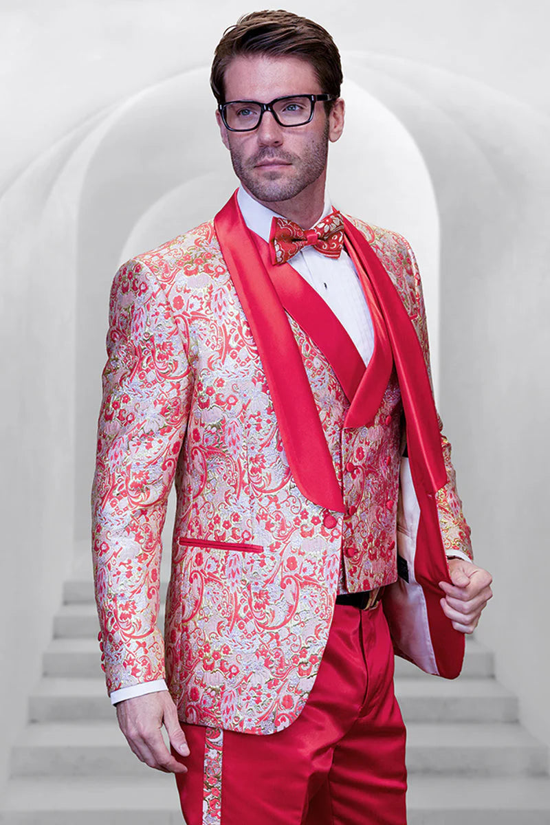 Coral Orange Men's Shiny Paisley Wedding Tuxedo with Double Breasted Vest & Satin Pants Coral Orange Men's Shiny Paisley Wedding Tuxedo with Double Breasted Vest & Satin Pants