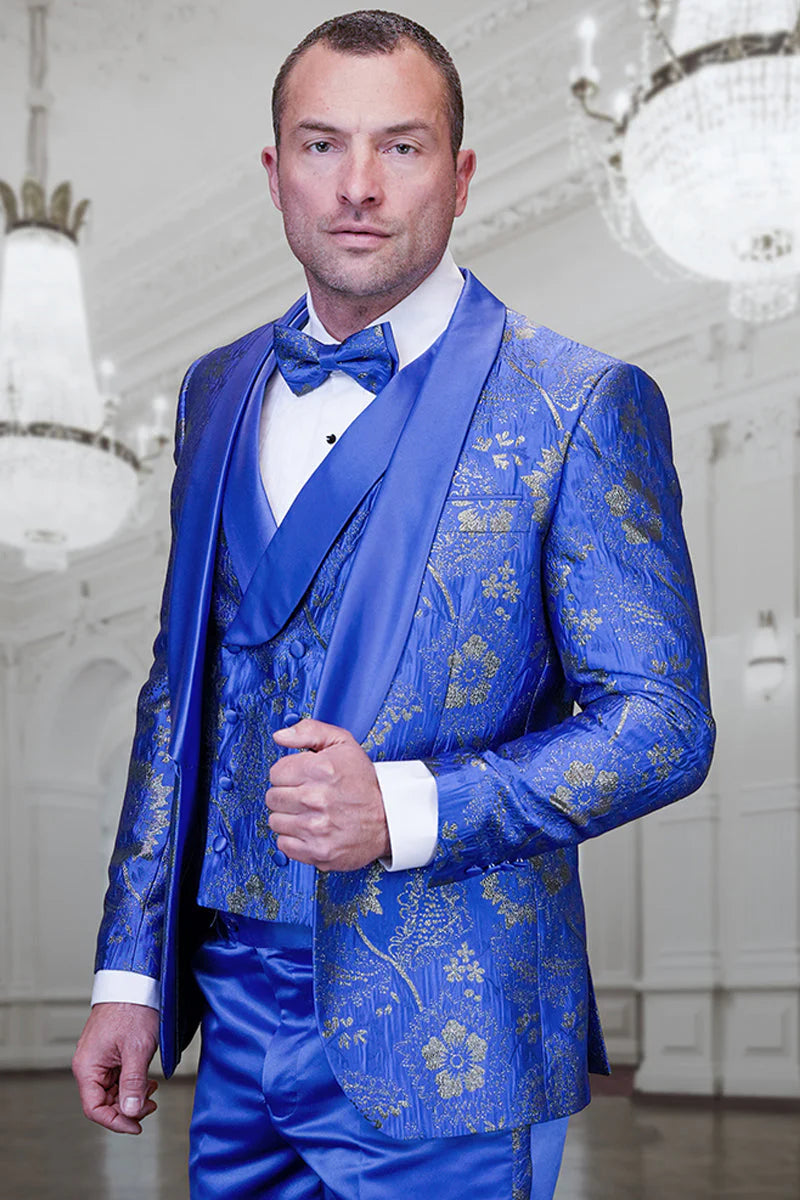 Men's royal blue paisley lace print tuxedo with double breasted vest – prom & wedding suit Men's royal blue paisley lace print tuxedo with double breasted vest – prom & wedding suit