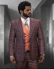 Statement Confidence Designer Suit - Copper - Orange - Super 150's Wool Suit 1 Button Peak Lapel Double Breasted Vest Rust Color Perfect Fro Church