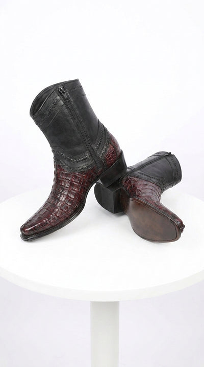 Men’s Los Altos Black Cherry Caiman Tail Low Shaft Boots, European Square Toe Dress Boots