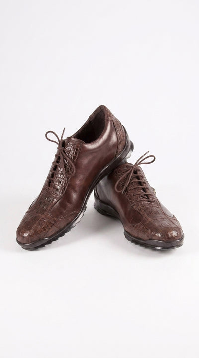 Men’s Los Altos Brown Caiman Crocodile Patchwork Casual Shoes, Exotic Leather Lace-Up Shoes