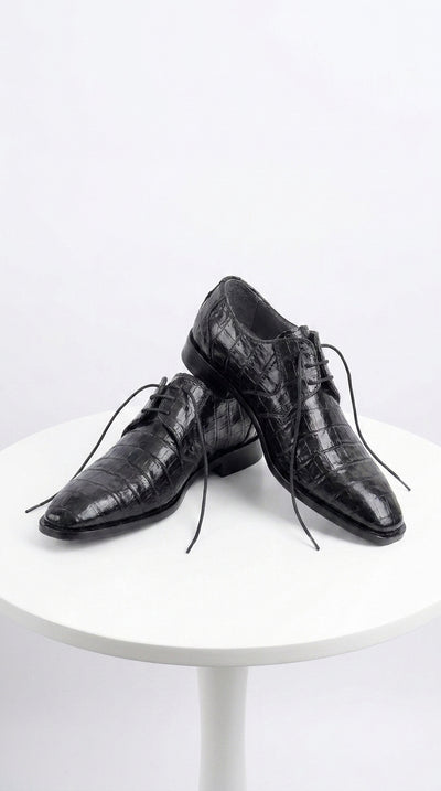 Men’s Los Altos Black Genuine Crocodile Belly Shoes, All-Over Exotic Lace-Up Dress Shoes