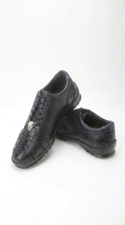Los Altos Men’s Navy Genuine Ostrich Casual Sneakers, Exotic Lace-Up Dress Shoes