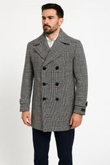 Mens Double-Breasted Houndstooth Plaid Overcoat in Black, White, and Red