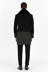 Men’s Double-Breasted Wool Overcoat with Faux Fur Shawl Collar – Classic Winter Dress Coat in Half Black and Charcoal