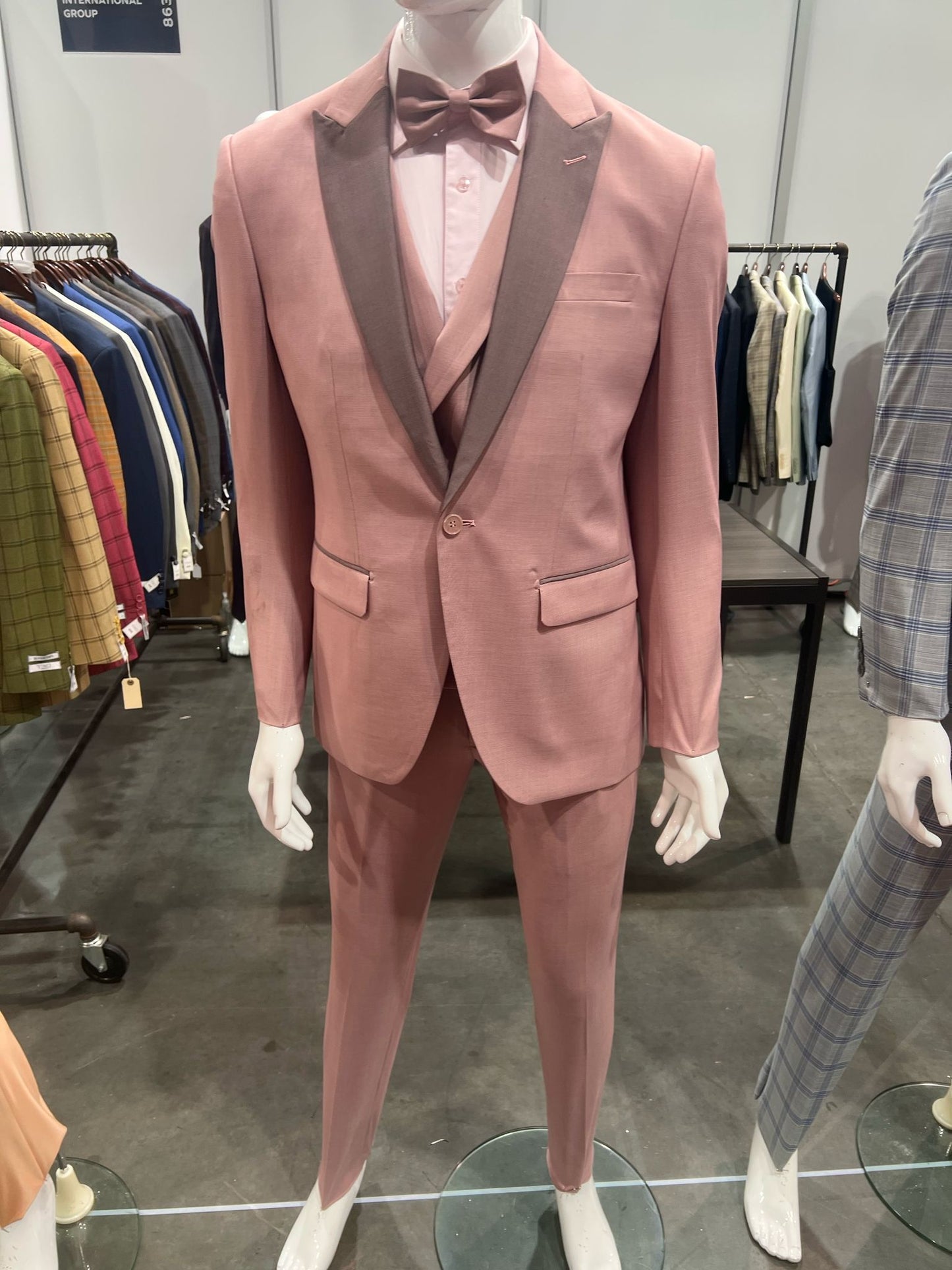 Mens Dusty Pink Three-Piece Slim Fit Tuxedo with Contrast Satin Lapel and Bow Tie