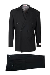 Tiglio Italian Suit - Real Wool Fabric Super 150's EST Black, Double Breast Wide Leg Suit & Vest in Color Black