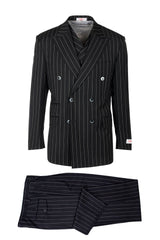 Tiglio Italian Suit - Real Wool Fabric Super 150's EST Pinstripe, Wide Leg Suit & Vest in Color Black