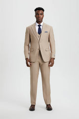 Men’s Stacy Adams Tan Suit – Vested, Two-Button, Timeless Designer Style
