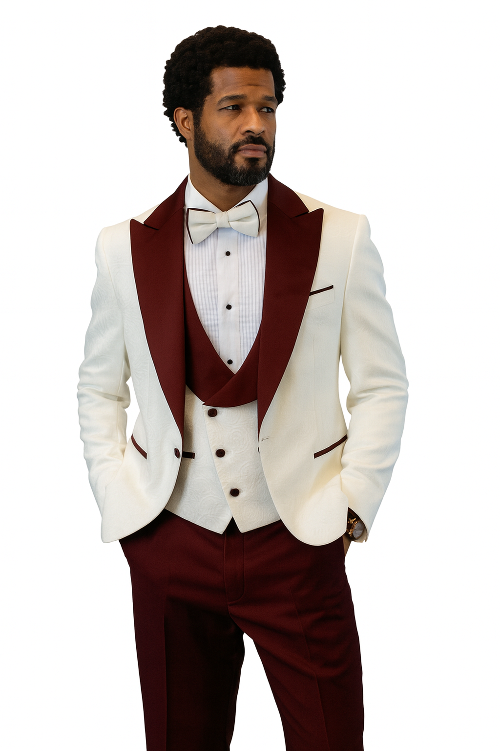 Hilton White and Burgundy Paisley Peak Lapel Tuxedo Jacket with Matching Shawl Vest and Wool Pants – Includes Bow Tie 2   - from alligatorwarehouse.com