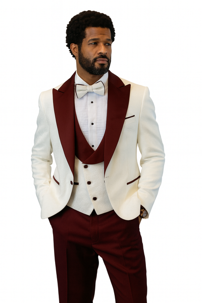 Hilton White and Burgundy Paisley Peak Lapel Tuxedo Jacket with Matching Shawl Vest and Wool Pants – Includes Bow Tie
