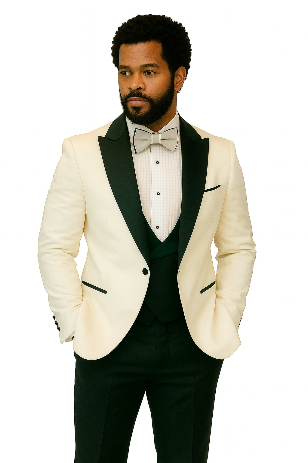 Hilton White and Black Paisley Peak Lapel Tuxedo Jacket with Matching Shawl Vest and Wool Pants – Includes Bow Tie 6   - from alligatorwarehouse.com